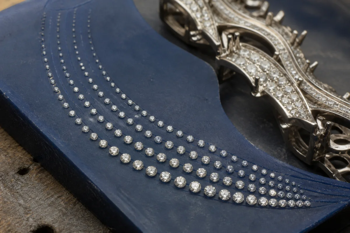 Matched melee diamonds arranged along curved pavé layout guides beside a white-gold setting