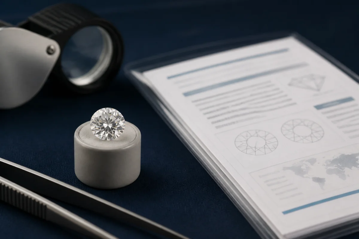 A larger round brilliant diamond on an inspection holder beside an independent laboratory report sleeve