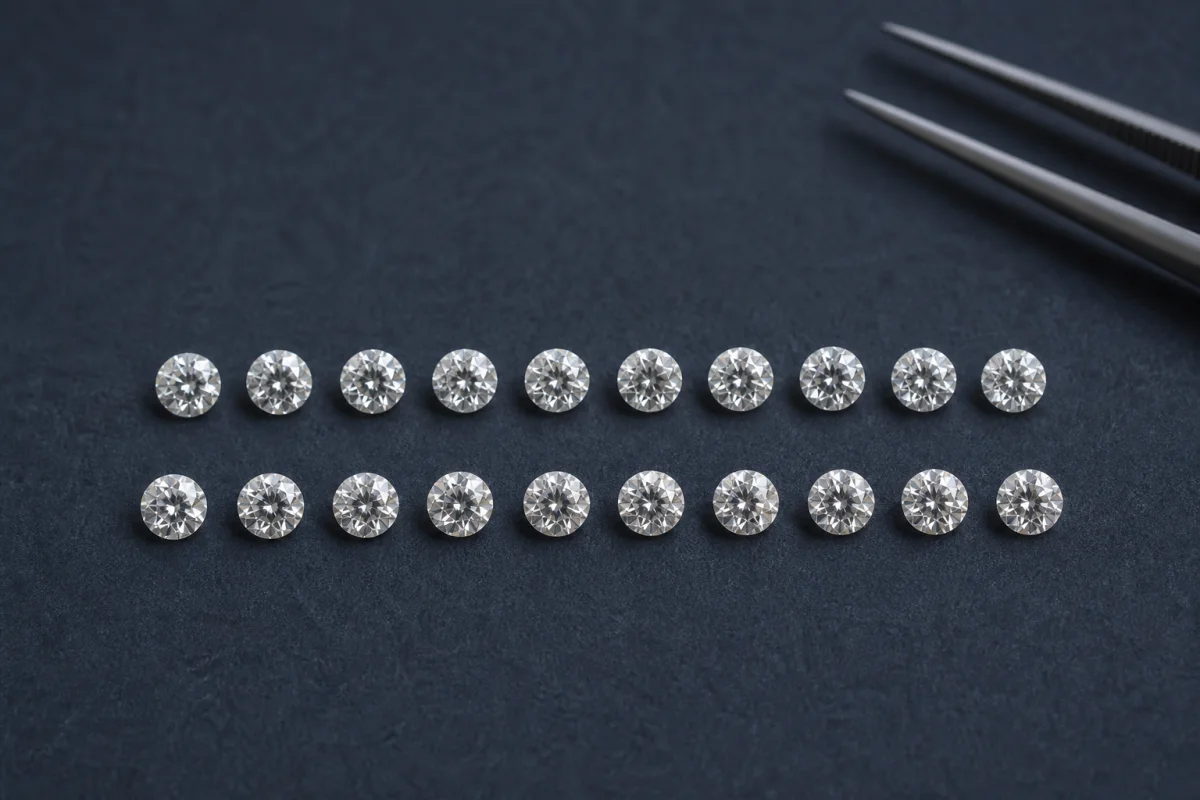 Two calibrated rows of small round double-cut diamonds on a sorting surface
