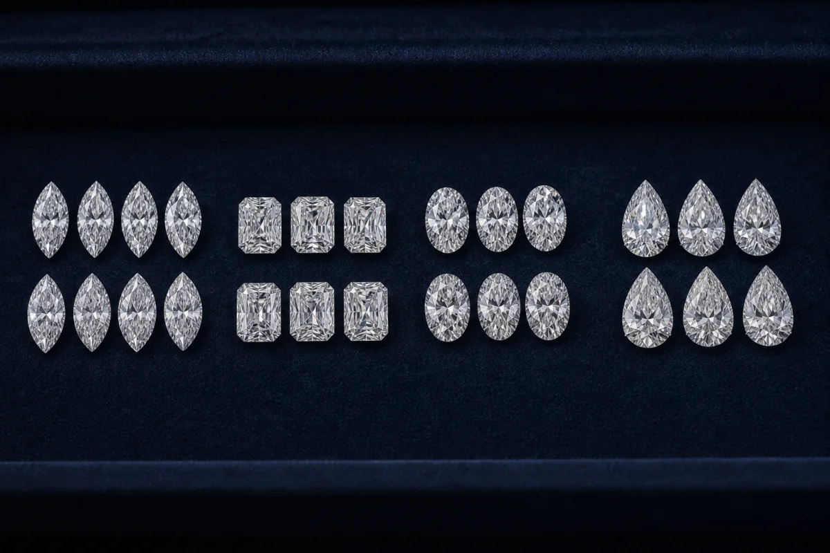 Matched groups of marquise, radiant, oval and pear natural diamonds on a navy sorting tray