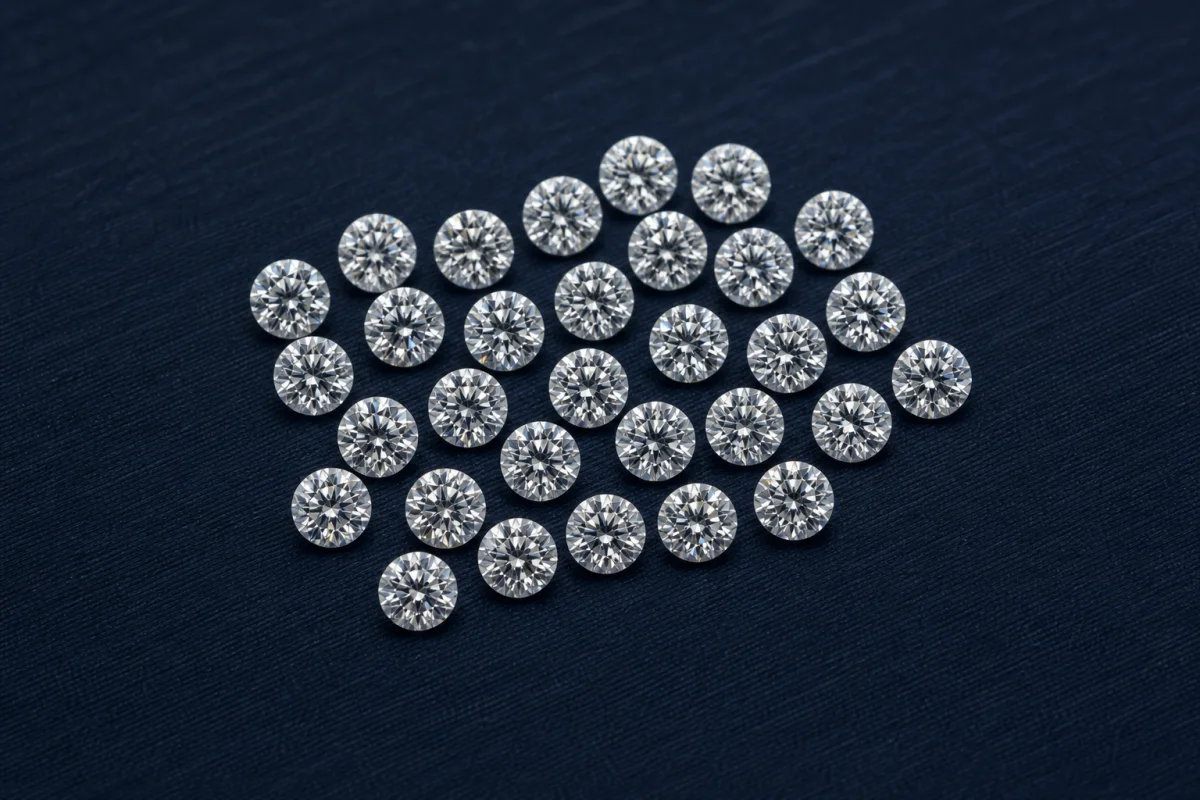 Calibrated full-cut round brilliant melee diamonds on a navy sorting cloth