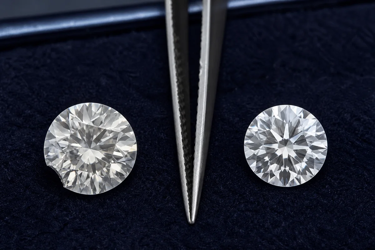 Before-and-after comparison of a chipped round diamond and the smaller finished recut