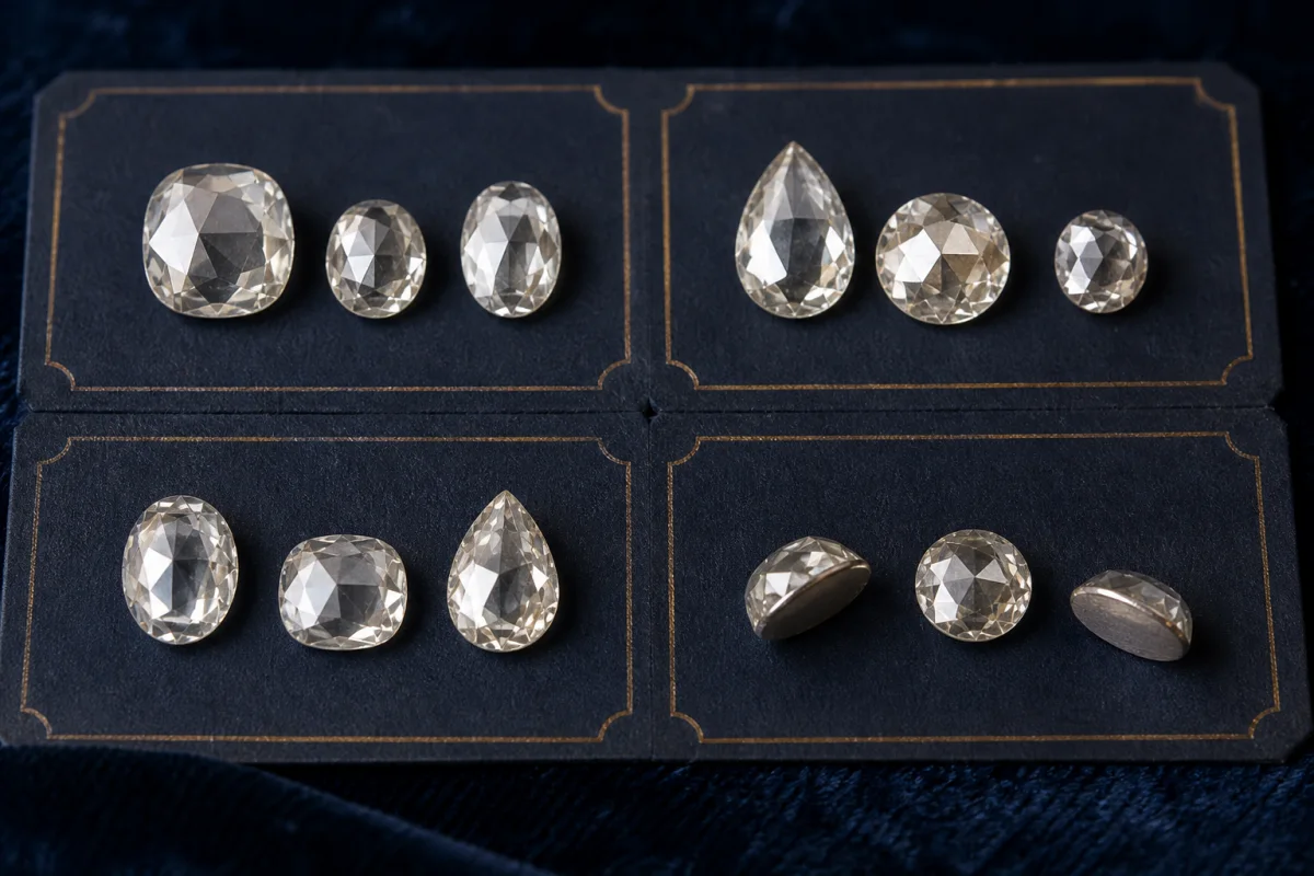 Round, oval, pear and cushion rose-cut diamonds arranged as specimens, including side views of their flat backs